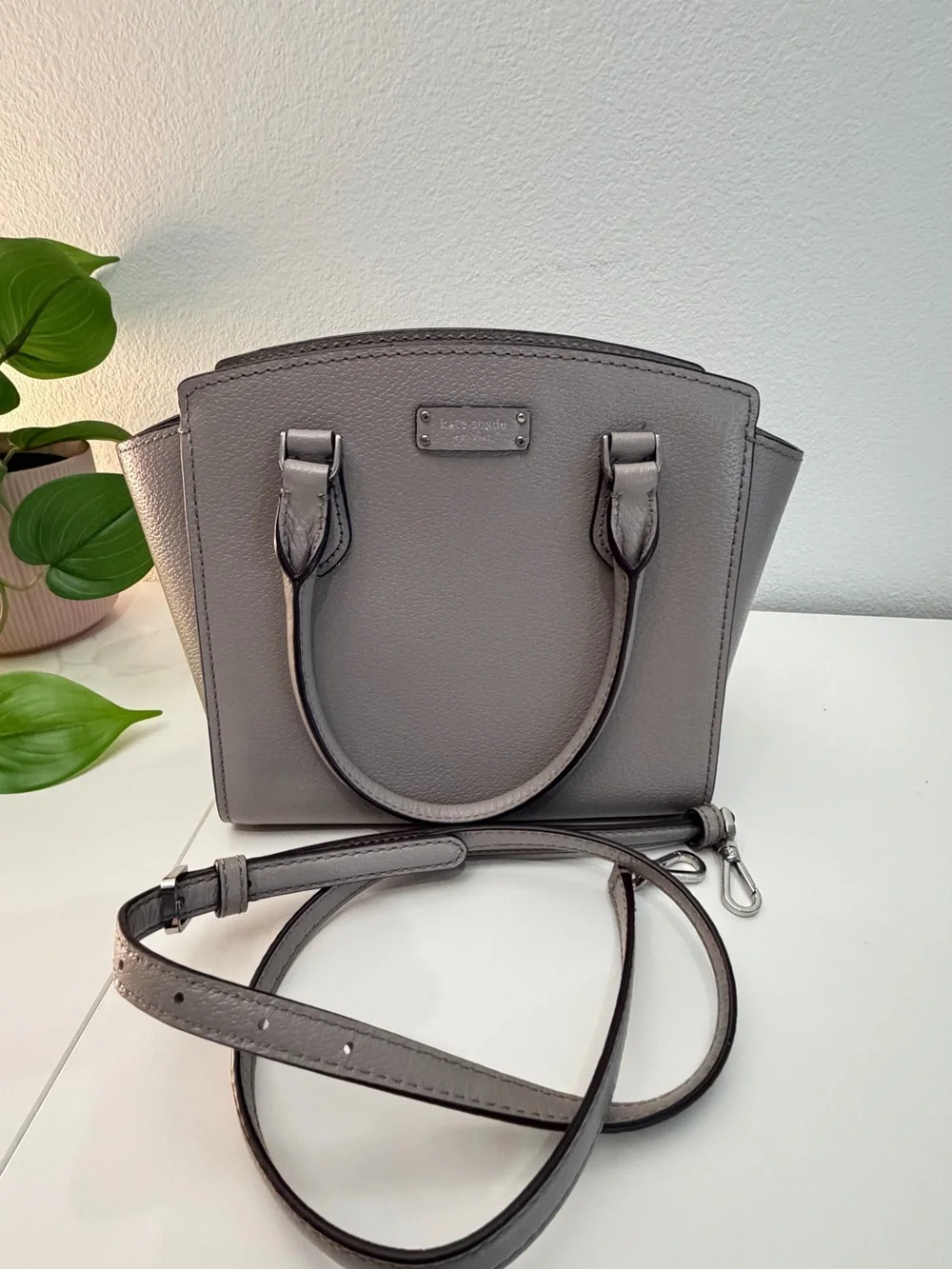 kate spade Gray Pebbled Leather Satchel with Removable Strap